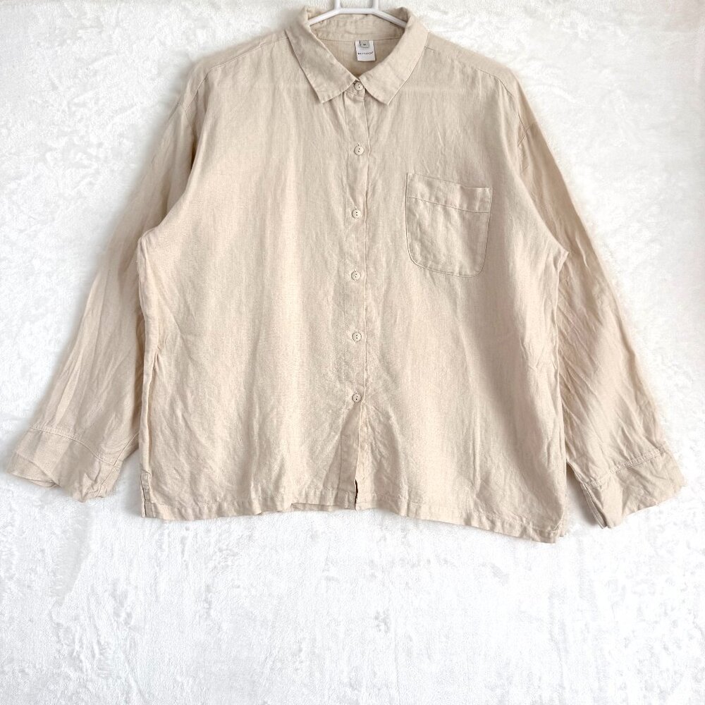 Linen Classic Quiet Luxury Resortwear Collared Button Up Long Sleeve Top M Beige